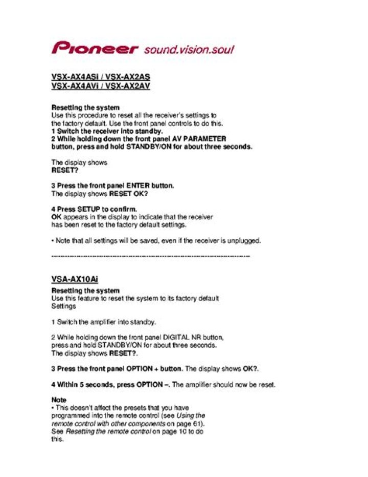 How do I reset my Pioneer VSX ax4asi?