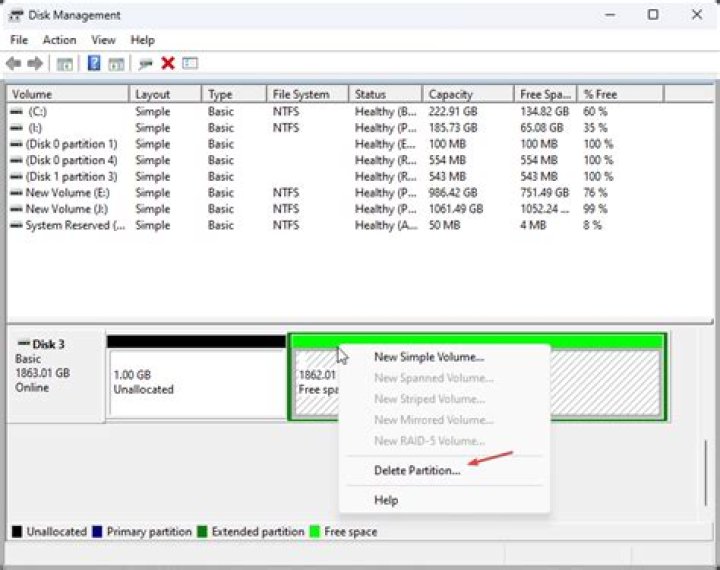 How to delete disk partition using Disk Management Windows?