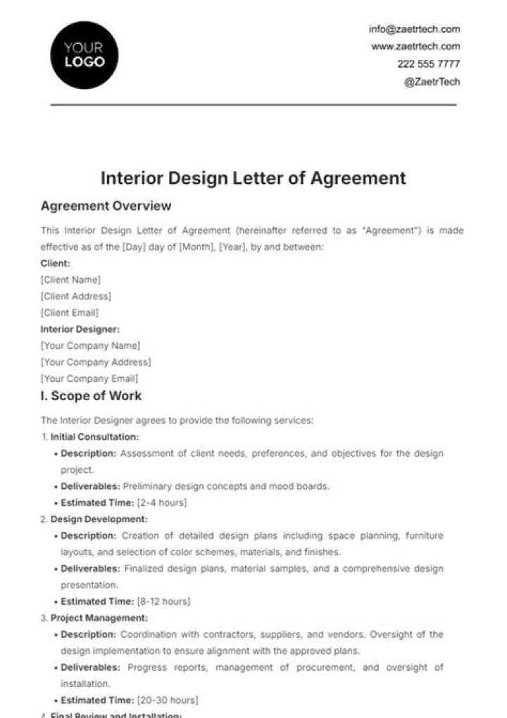 What is a letter of agreement in interior design?